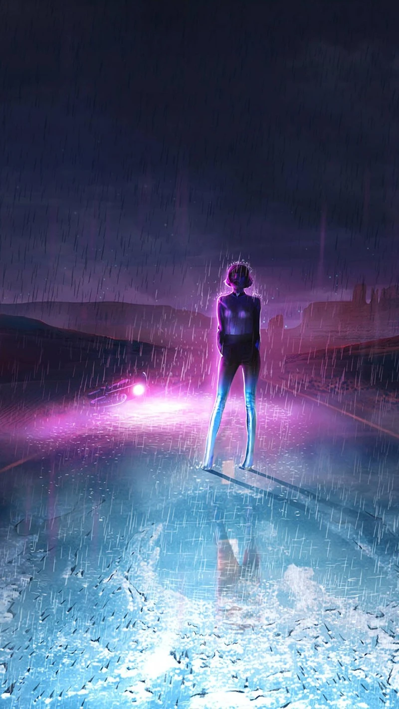 Solitary Figure in Neon Rain 4K Mobile Wallpaper
