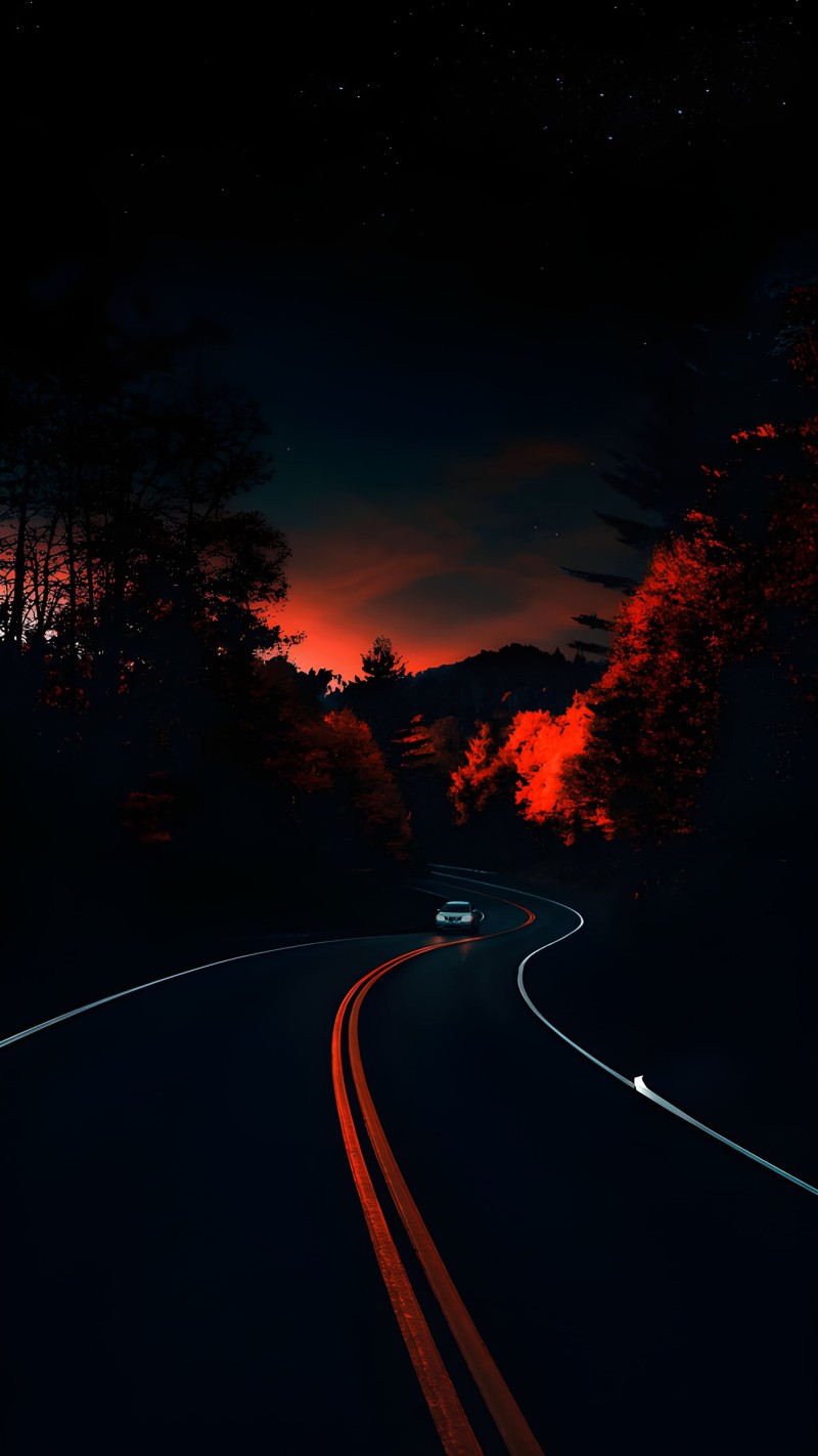 Dark Road at Night with Car Phone Lock Screen 4K Drive Wallpaper