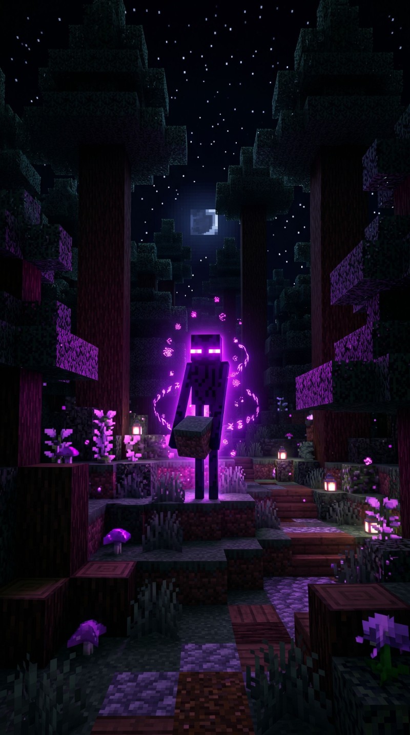 Vibrant Purple Minecraft Landscape with Glowing Elements Game Wallpaper 4K Mobile Wallpaper