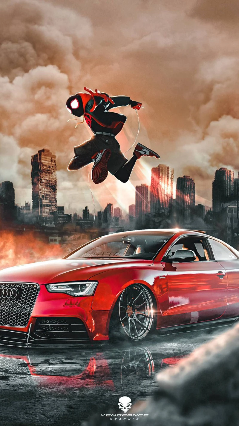 Audi S5 and Spiderman 4K Mobile Wallpaper