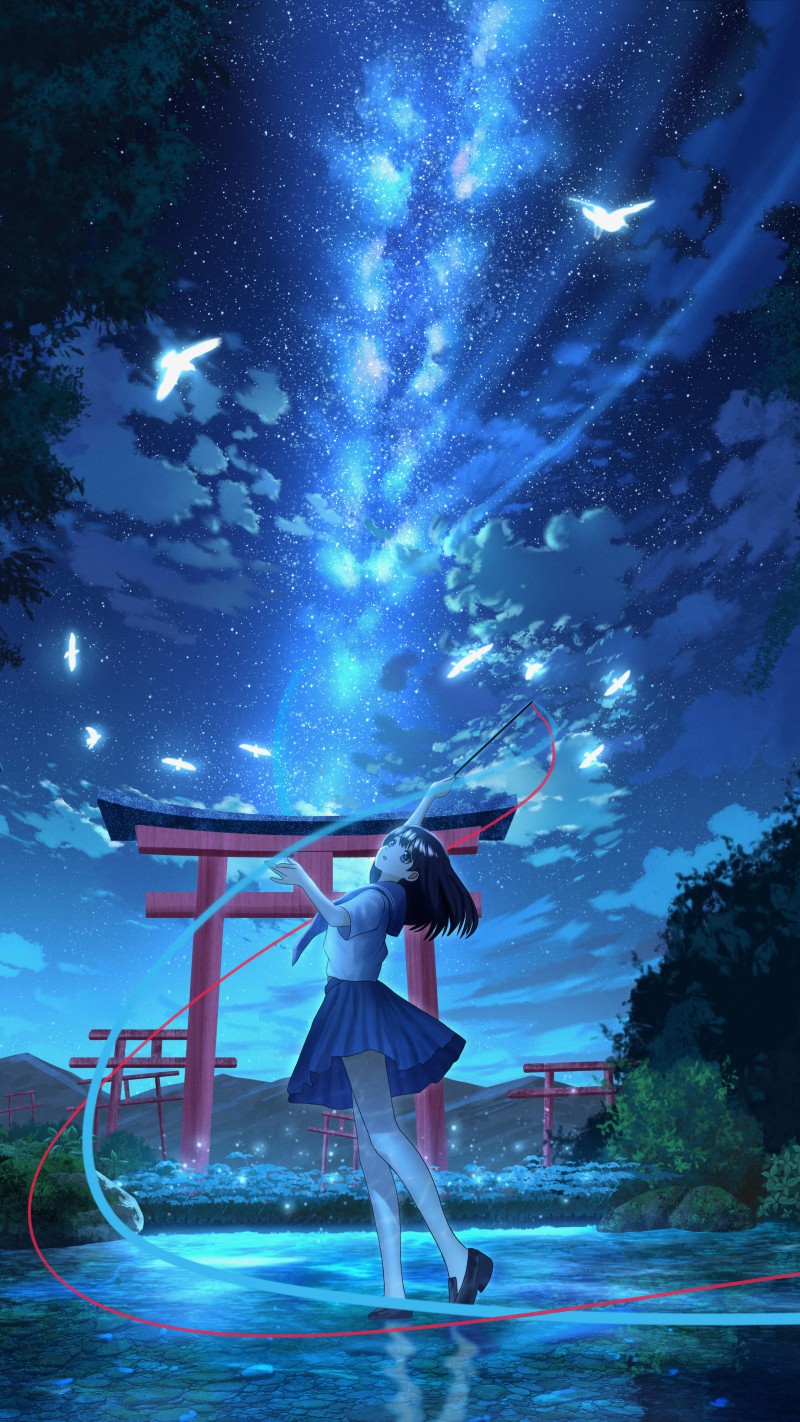 4K mobile wallpaper Girl in Blue Skirt with Red Torii Gate - high resolution for Android and iPhone