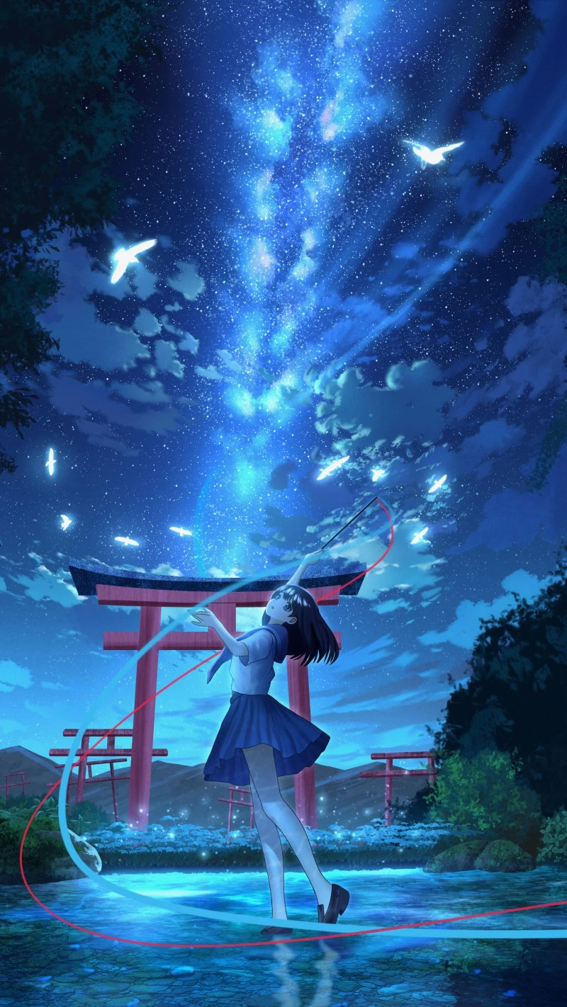 Girl in Blue Skirt with Red Torii Gate 4K Mobile Wallpaper