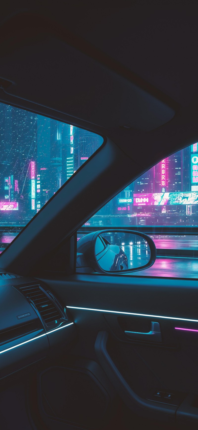 Neon Blue Car Interior with Futuristic Cityscape at Night 4K Interior Wallpaper