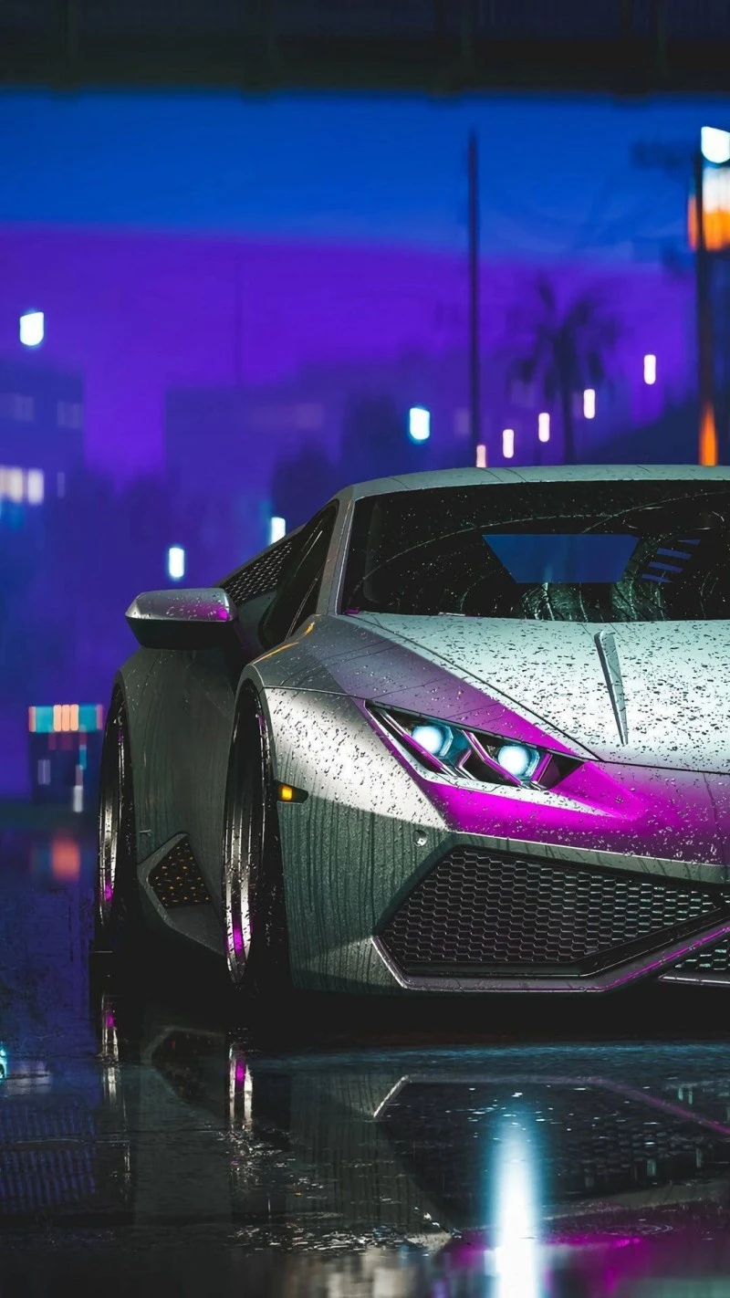 Silver Lamborghini Huracan in the Rain 4K Mobile Wallpaper