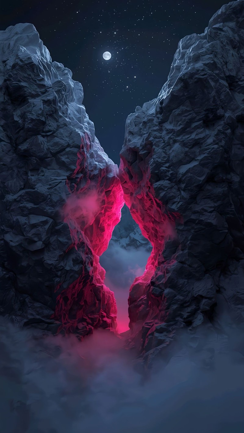 Mystical Pink Glowing Cave Entrance Moonlit 4K Wing Wallpaper