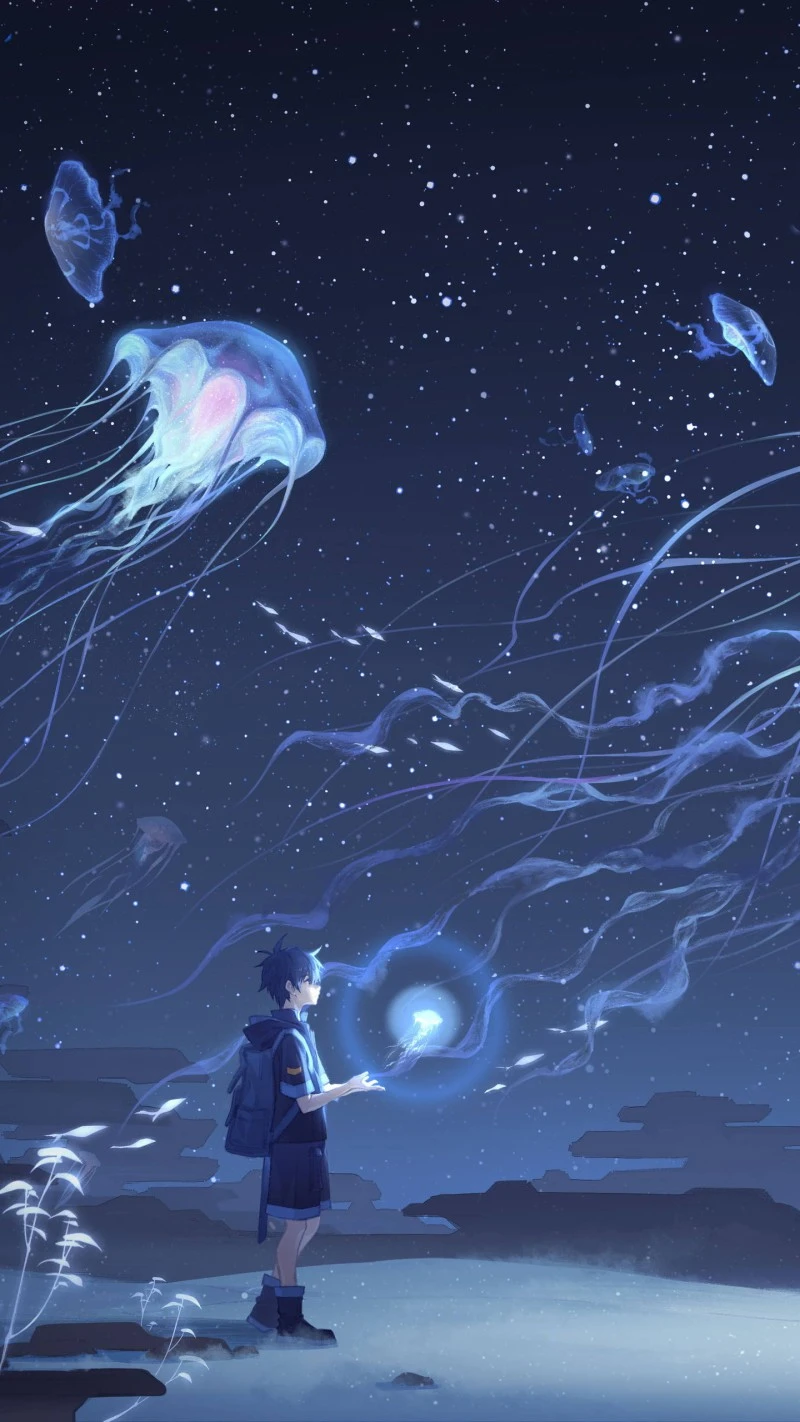 Boy and Bioluminescent Jellyfish 4K Mobile Wallpaper