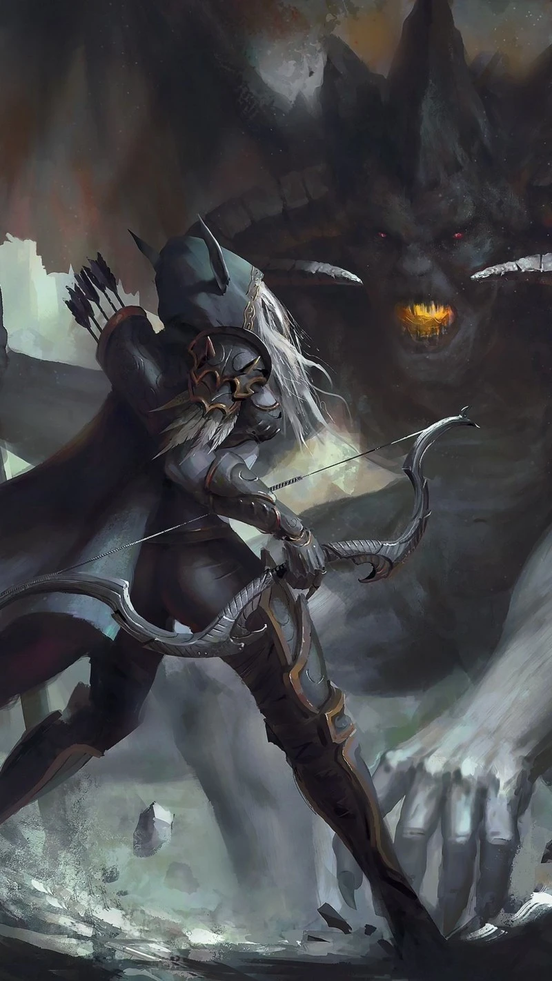 Night Elf Archer vs. Dragon 4K Mobile Wallpaper
