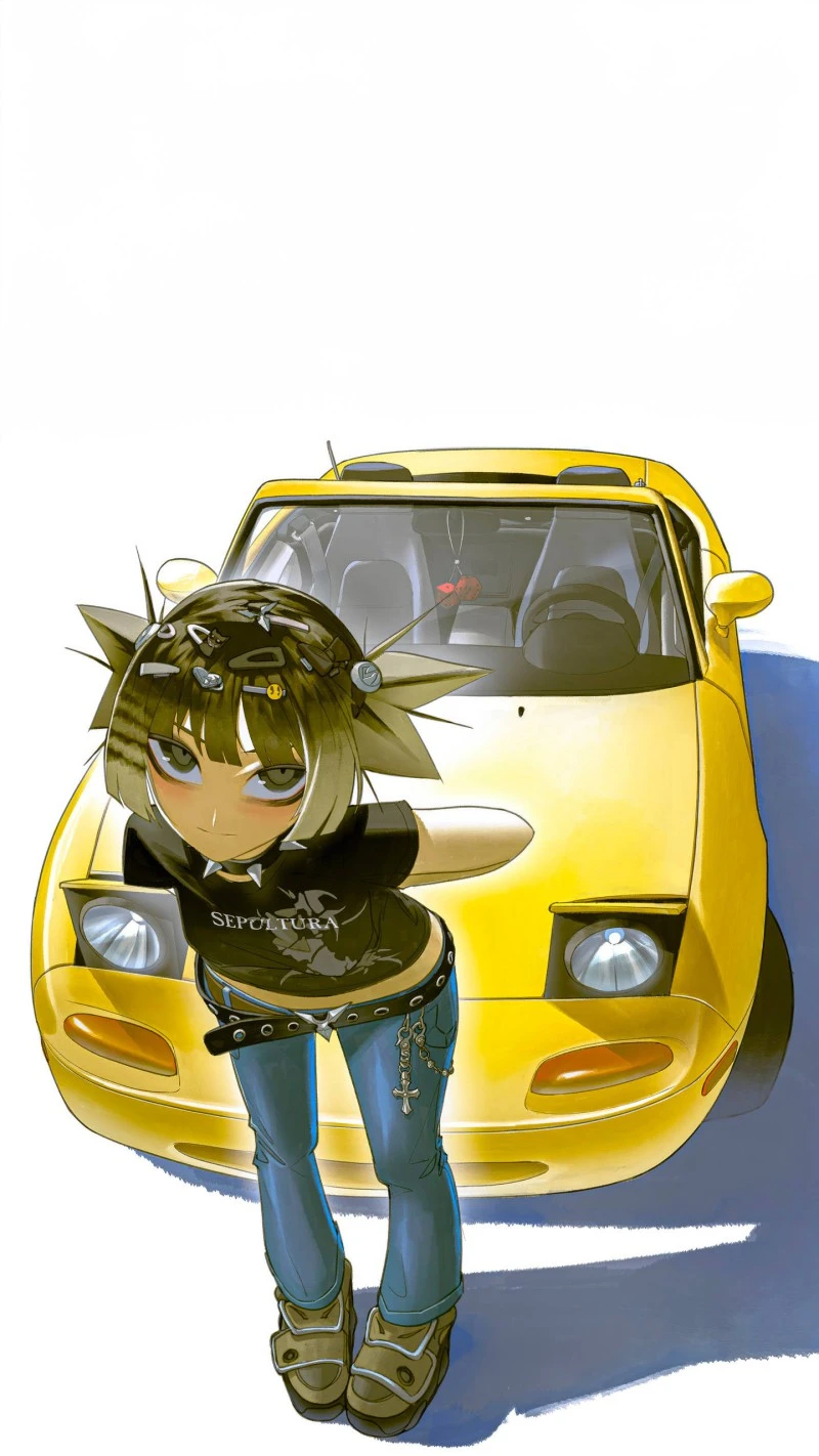 Anime Girl with Yellow Car 4K Mobile Wallpaper
