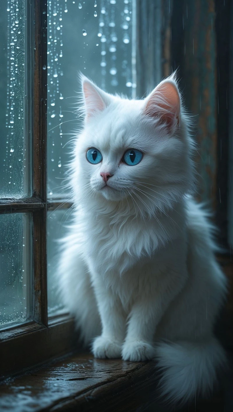 AI-Generated Image: White Cat in the Rain 4K Mobile Wallpaper
