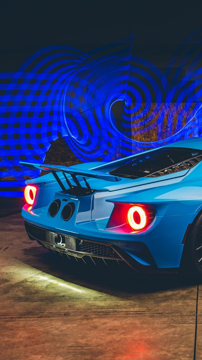 Blue Ford GT with Light Painting 4K Mobile Wallpaper