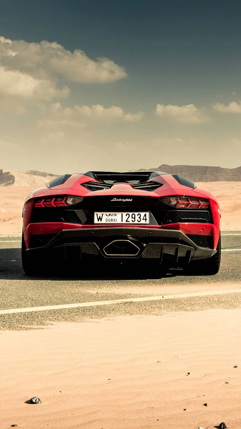 Lamborghini Aventador Roadster Rear View in Desert 4K Mobile Wallpaper