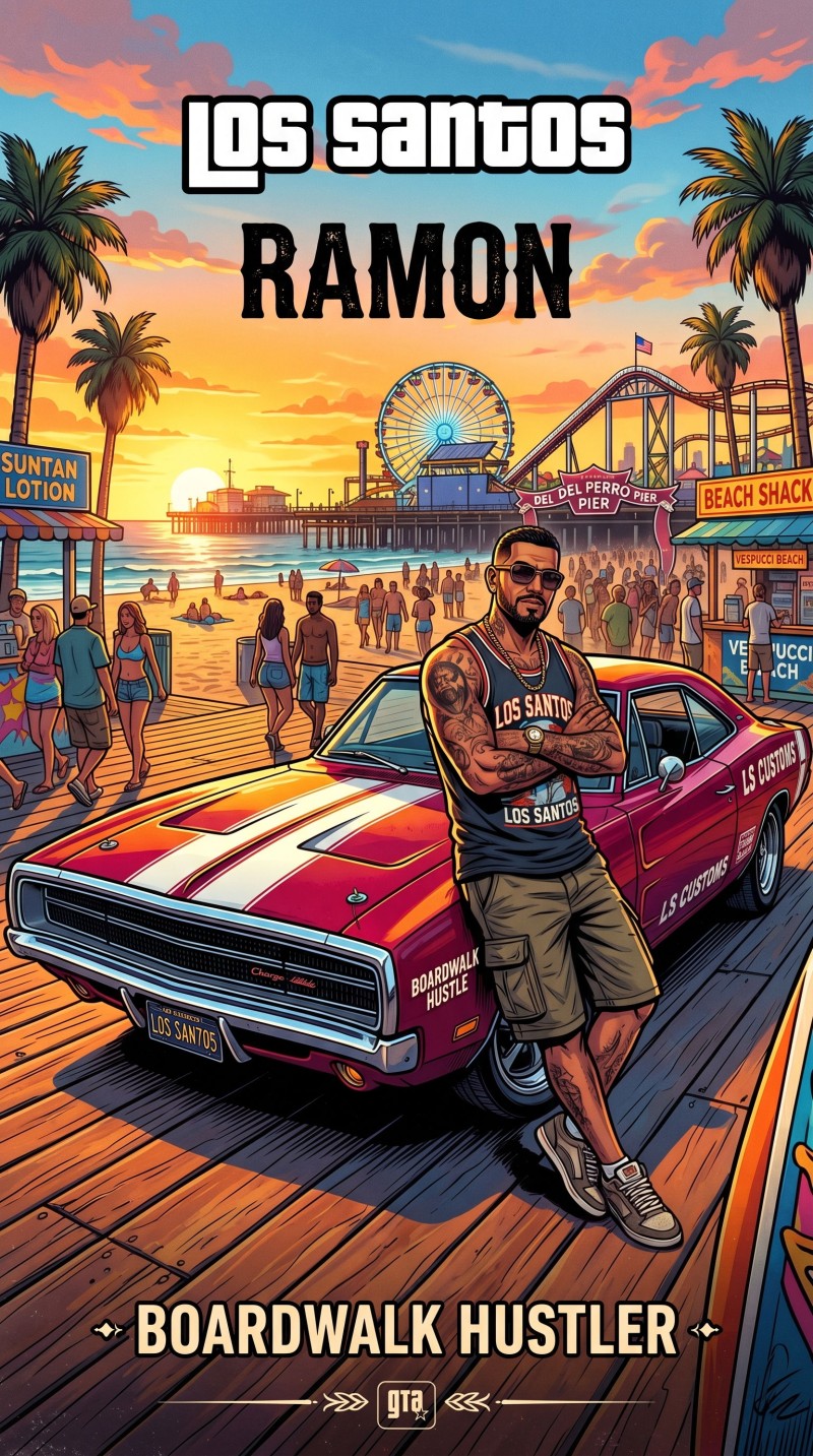 Vibrant GTA-Inspired Boardwalk Scene with Car Digital Art 4K Mobile Wallpaper