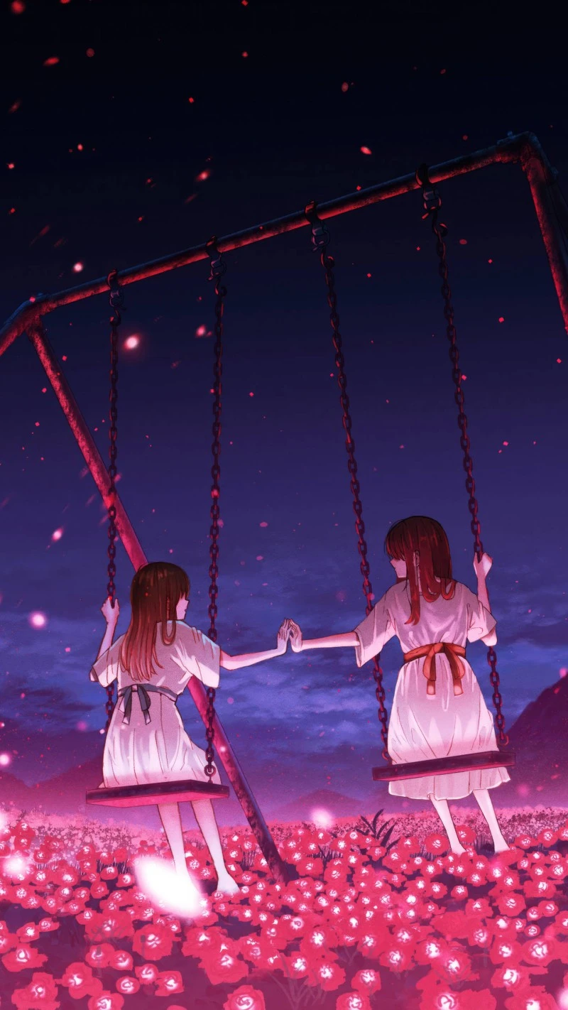 Anime Girls on a Swing 4K Mobile Wallpaper