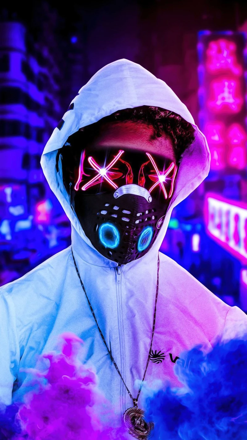 Neon Cityscape with Masked Figure 4K Mobile Wallpaper