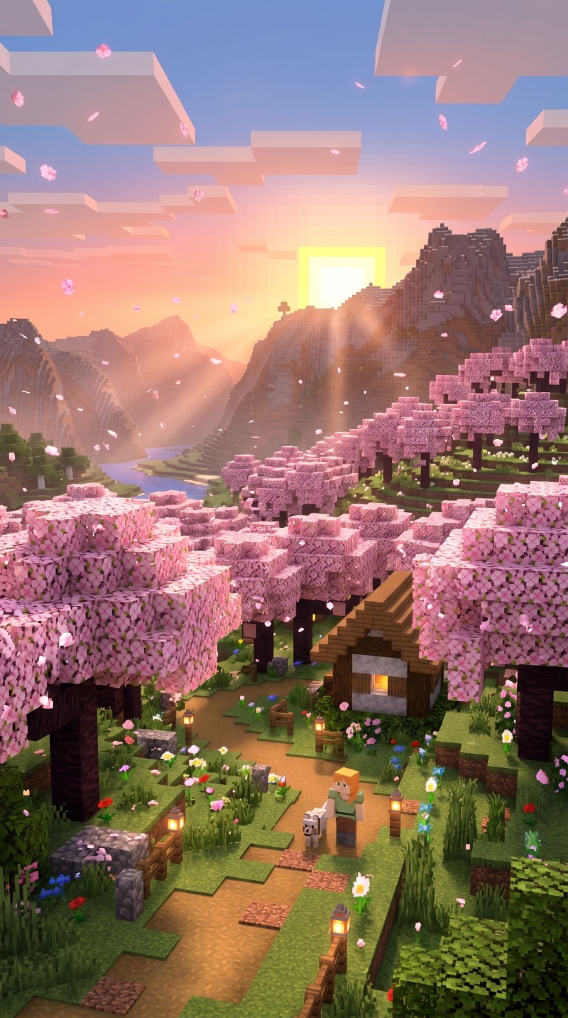 Serene Cinematic Minecraft Landscape with Cherry Blossoms Wallpaper 4K Mobile Wallpaper