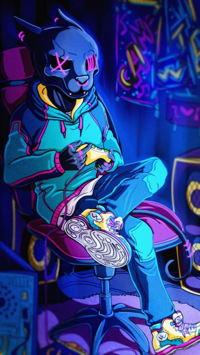 Cyberpunk Gamer Cat 4K Mobile Wallpaper