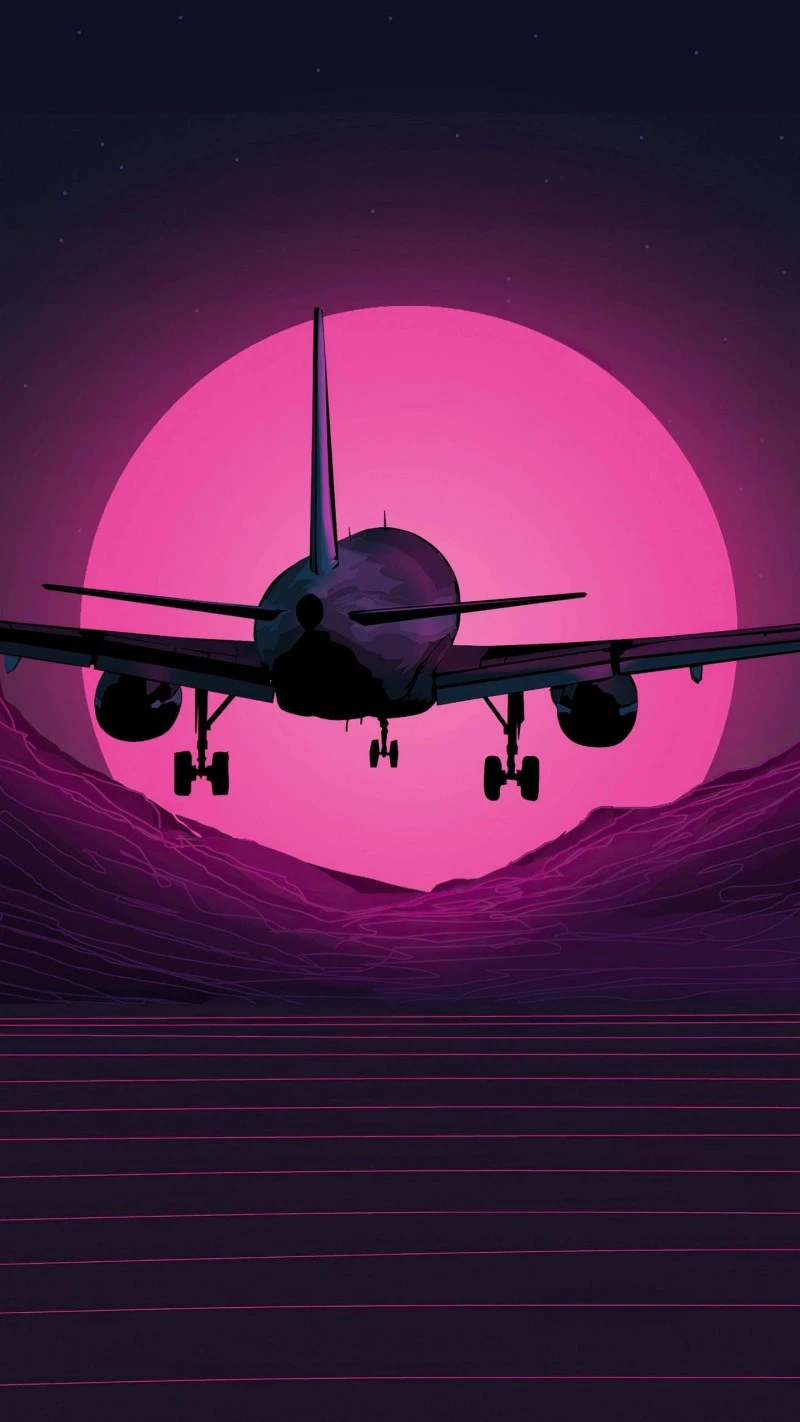 Retrofuturistic Airplane Landing 4K Mobile Wallpaper