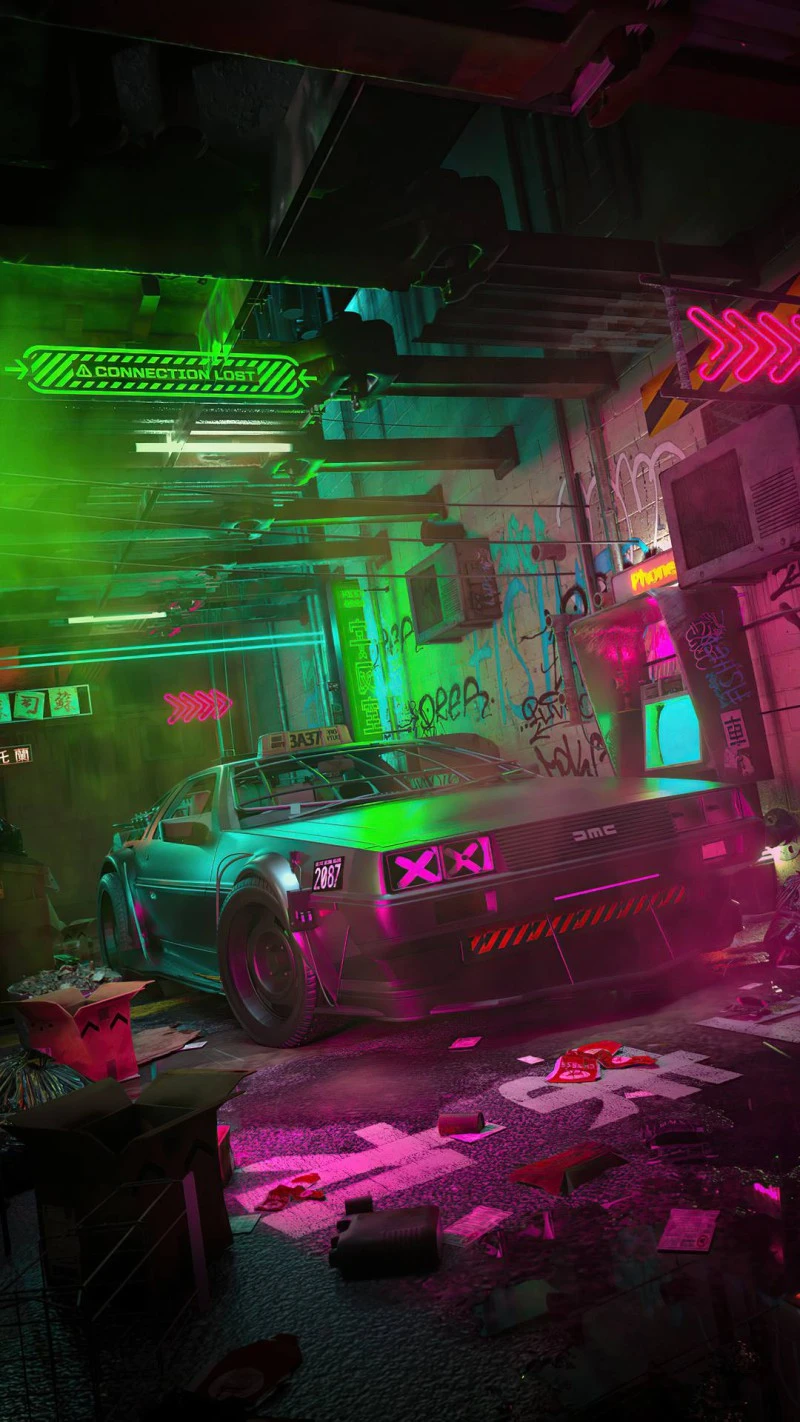 Cyberpunk DeLorean in Neon Alley 4K Mobile Wallpaper
