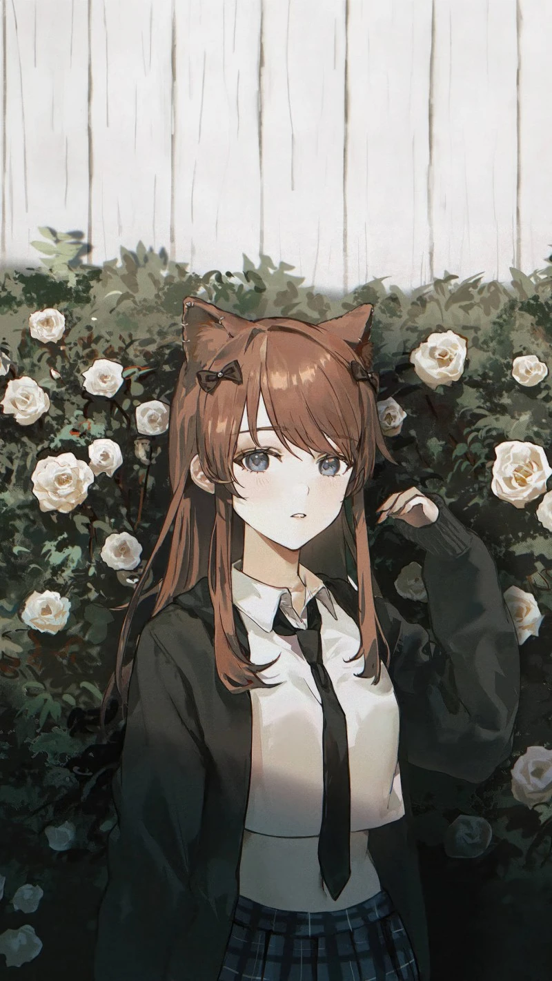 Cat-Ear Girl Among Roses 4K Mobile Wallpaper