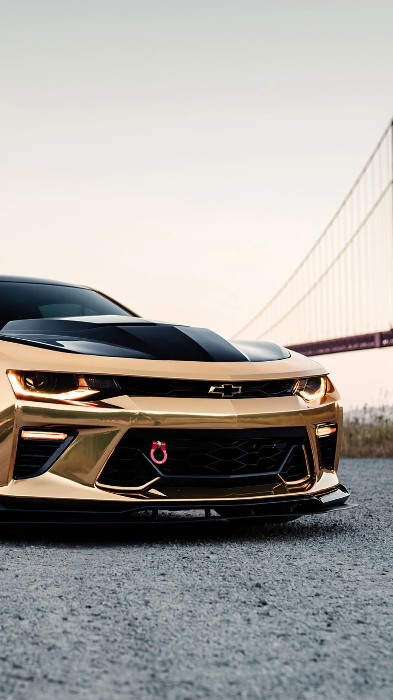 Golden Camaro by the Golden Gate Bridge 4K Mobile Wallpaper