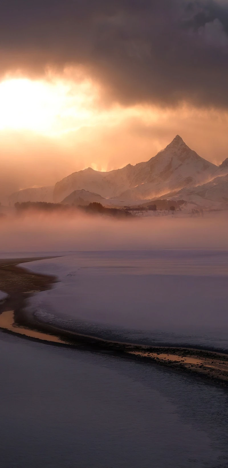 Sunrise Over Snowy Mountains and Frozen Lake 4K Mobile Wallpaper