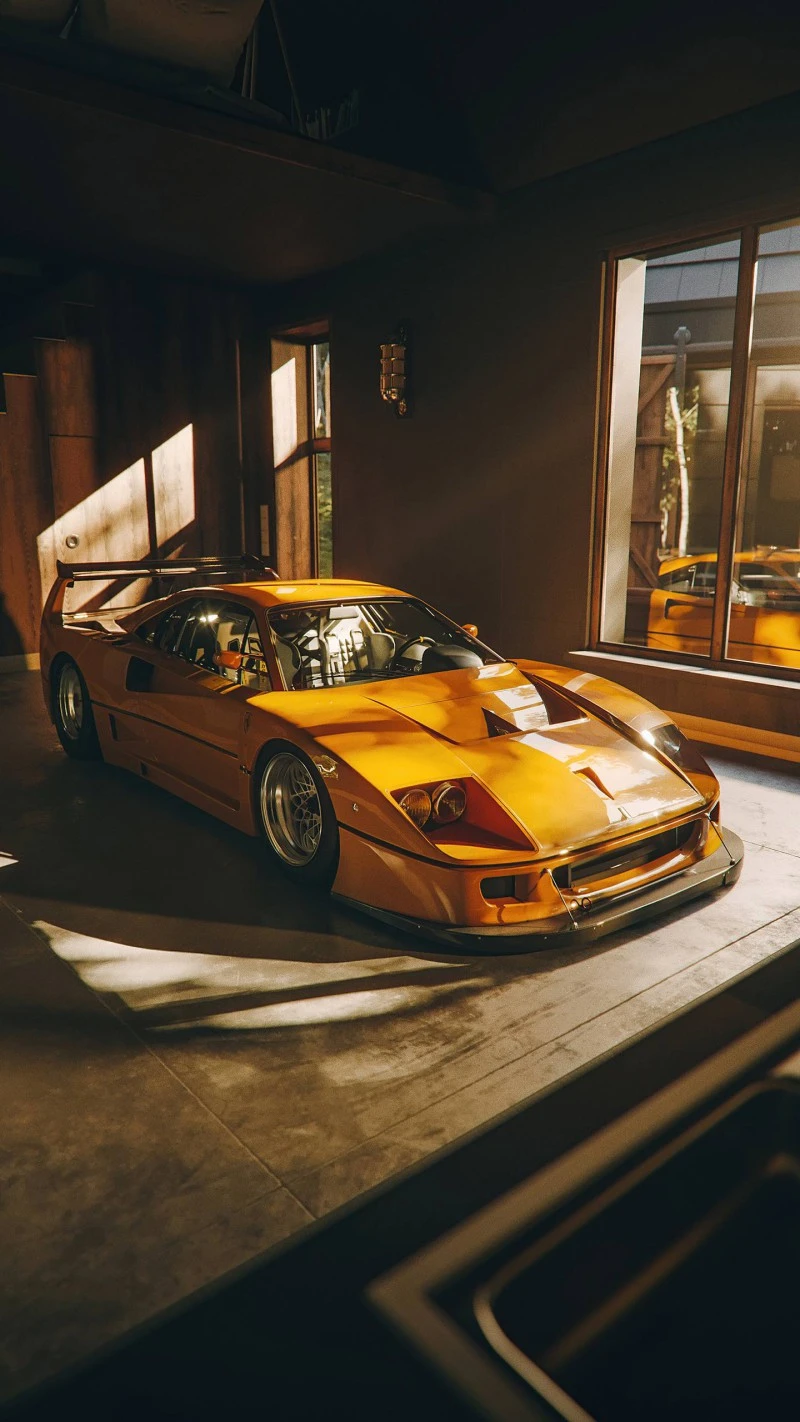 Yellow Ferrari F40 in Garage 4K Mobile Wallpaper