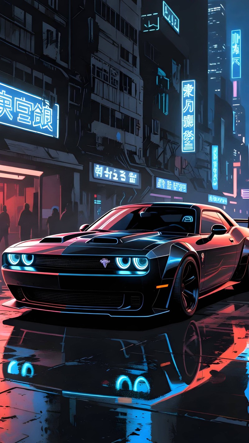 Neon Lit Asian Street Dodge Challenger 4K Reflections Wallpaper