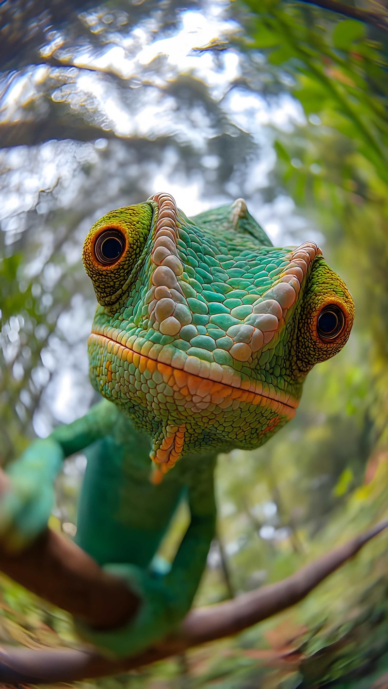 Vibrant Green Chameleon Portrait in Nature Scene Wallpaper 4K Green Wallpaper