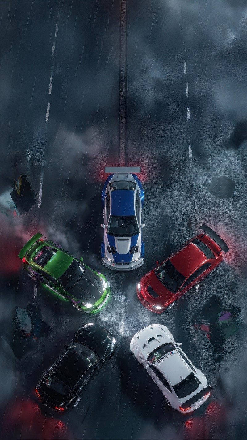 4K mobile wallpaper Racing Cars on a Rainy Night - high resolution for Android and iPhone