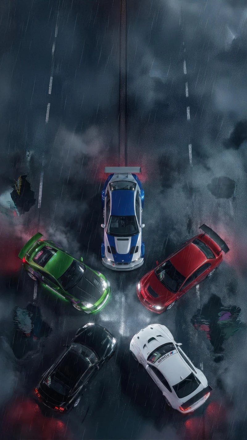 Racing Cars on a Rainy Night 4K Mobile Wallpaper