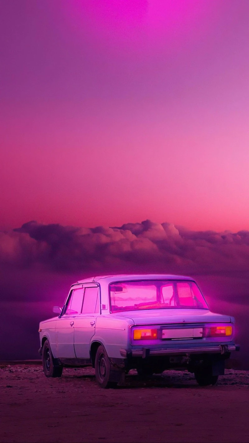 Retro Car at Sunset 4K Mobile Wallpaper