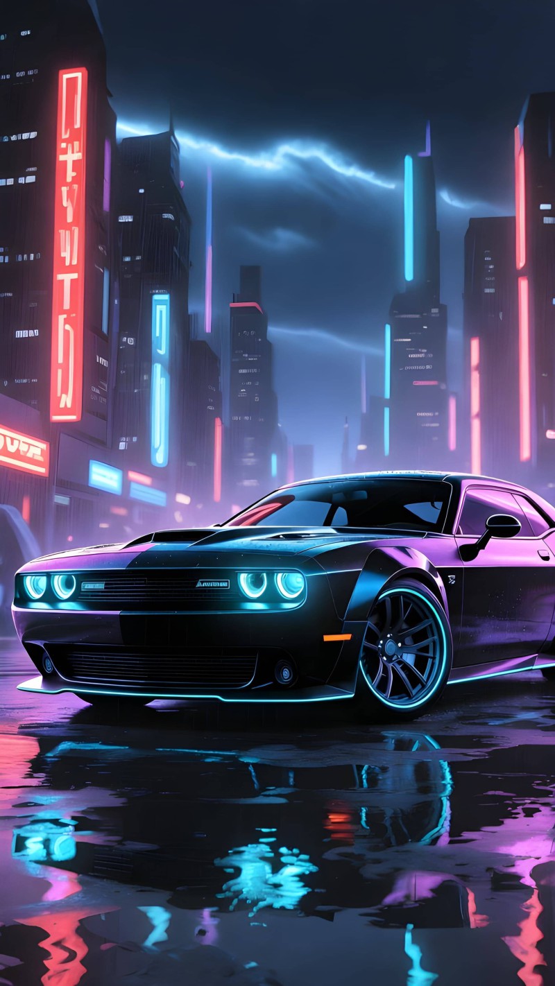 Cyberpunk Dodge Challenger Neon City Night 4K Wing Wallpaper