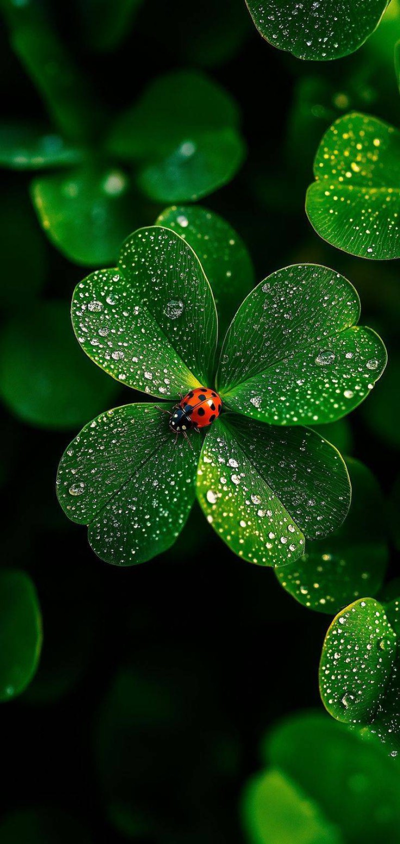 Ladybug on Lucky Four-Leaf Clover with Dewdrops 4K Over Wallpaper