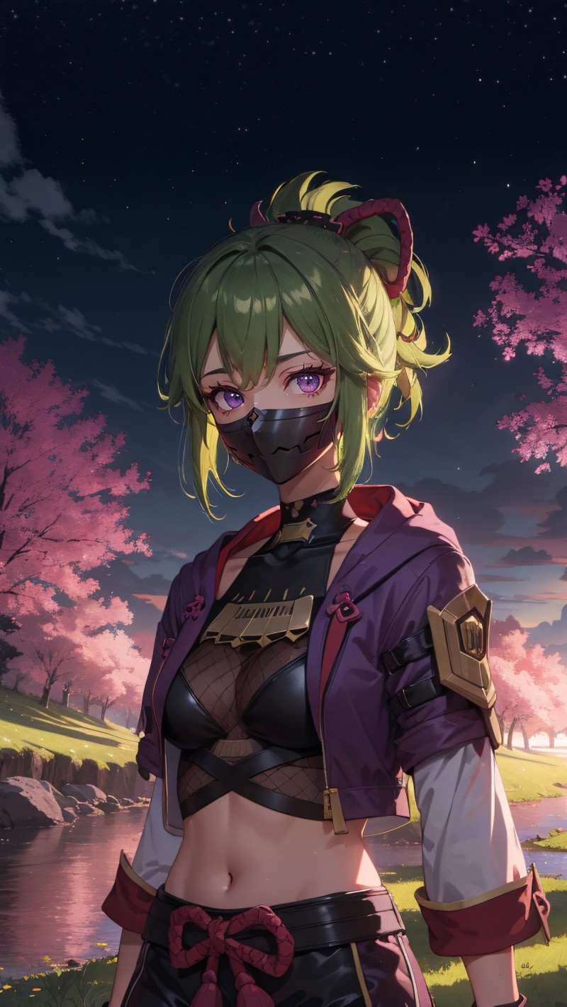 Vibrant Green Anime Girl Portrait Under Starry Night Sky Wallpaper 4K Mobile Wallpaper