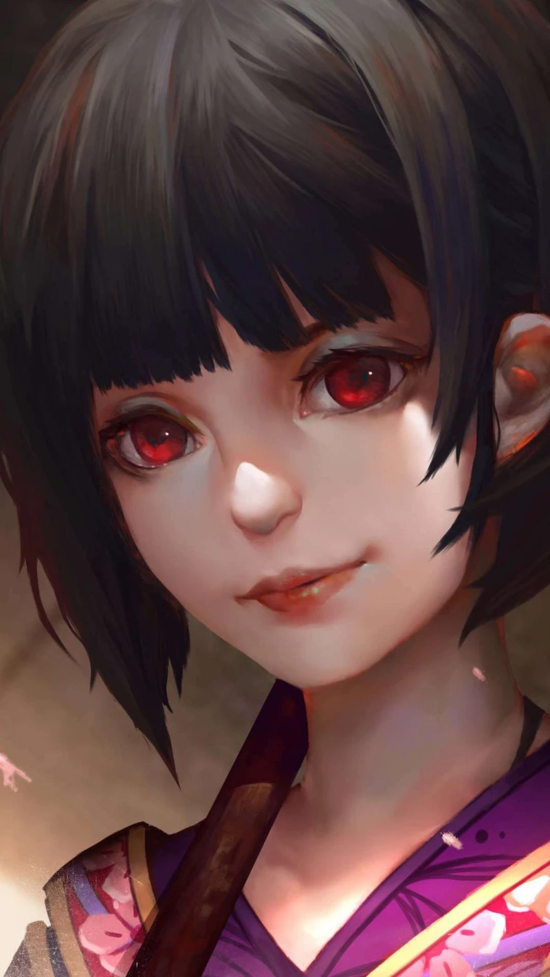 Anime Girl with Piercing Red Eyes 4K Mobile Wallpaper