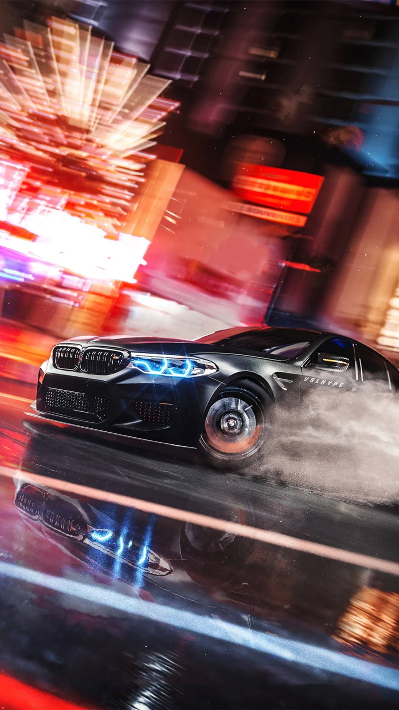BMW M5 Drifting in City at Night 4K Mobile Wallpaper