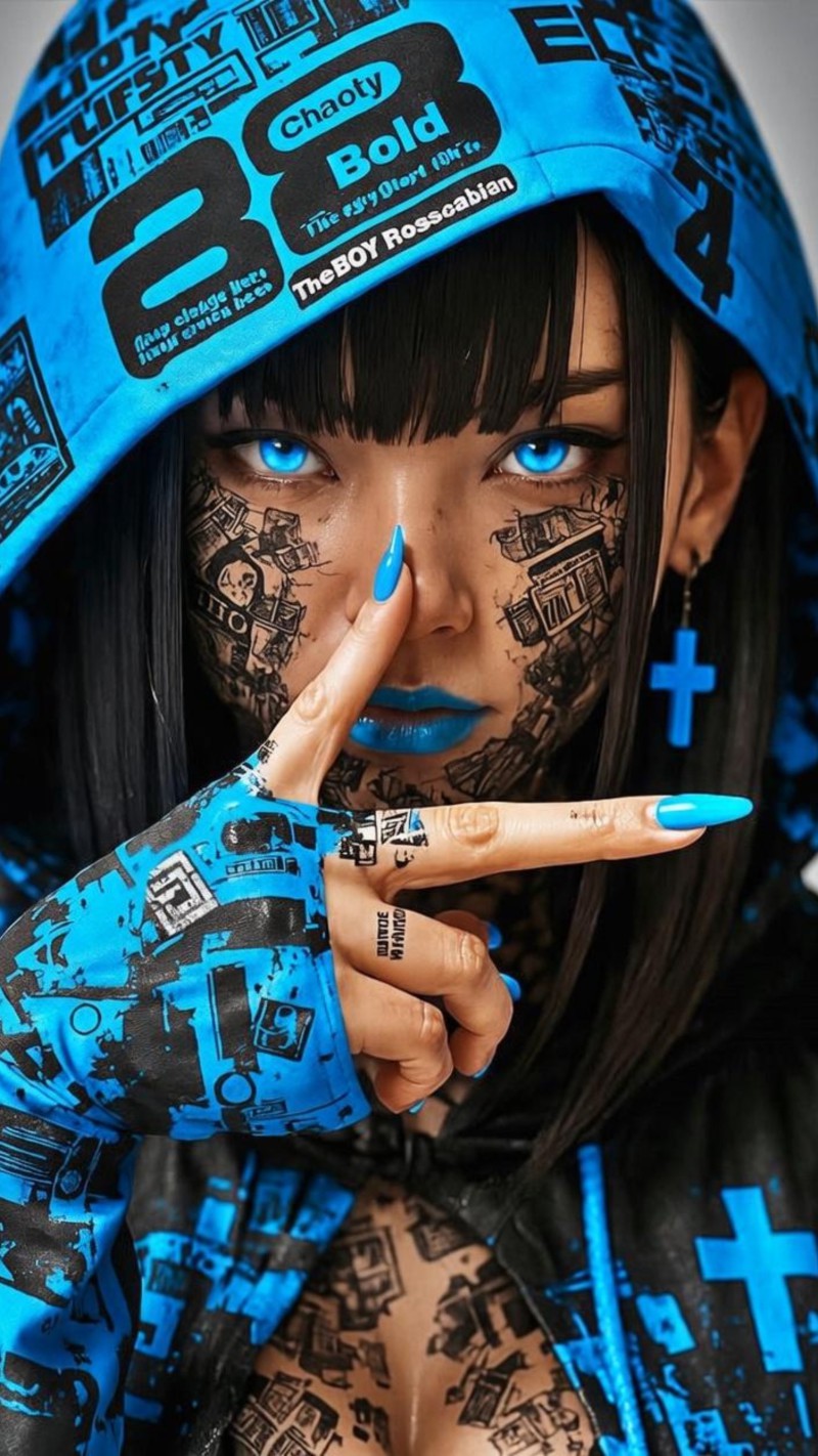 Blue Cyberpunk Girl Portrait with Graffiti Techwear 4K Ash Wallpaper