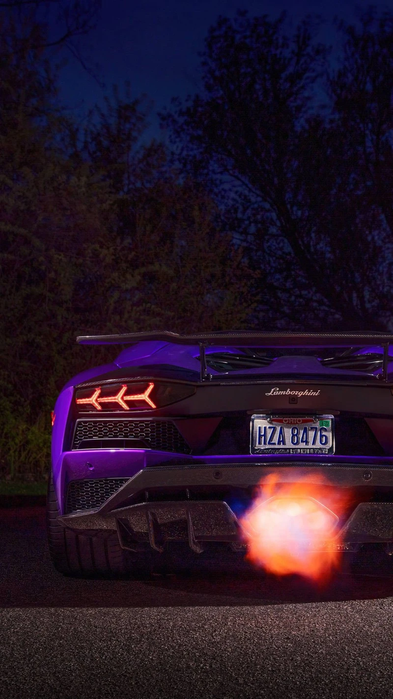 Purple Lamborghini Aventador with Exhaust Flames 4K Mobile Wallpaper