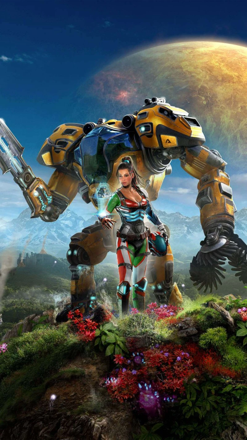 Mech Warrior and Her Giant Robot 4K Mobile Wallpaper