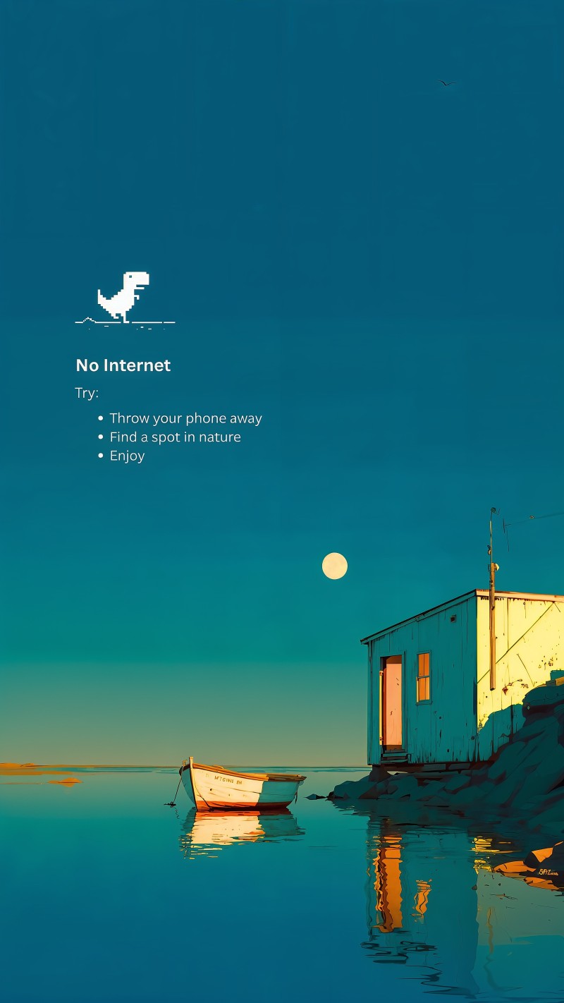 Serene No Internet Nature Scene with Dinosaur Graphic Dark Wallpaper 4K Scene Wallpaper