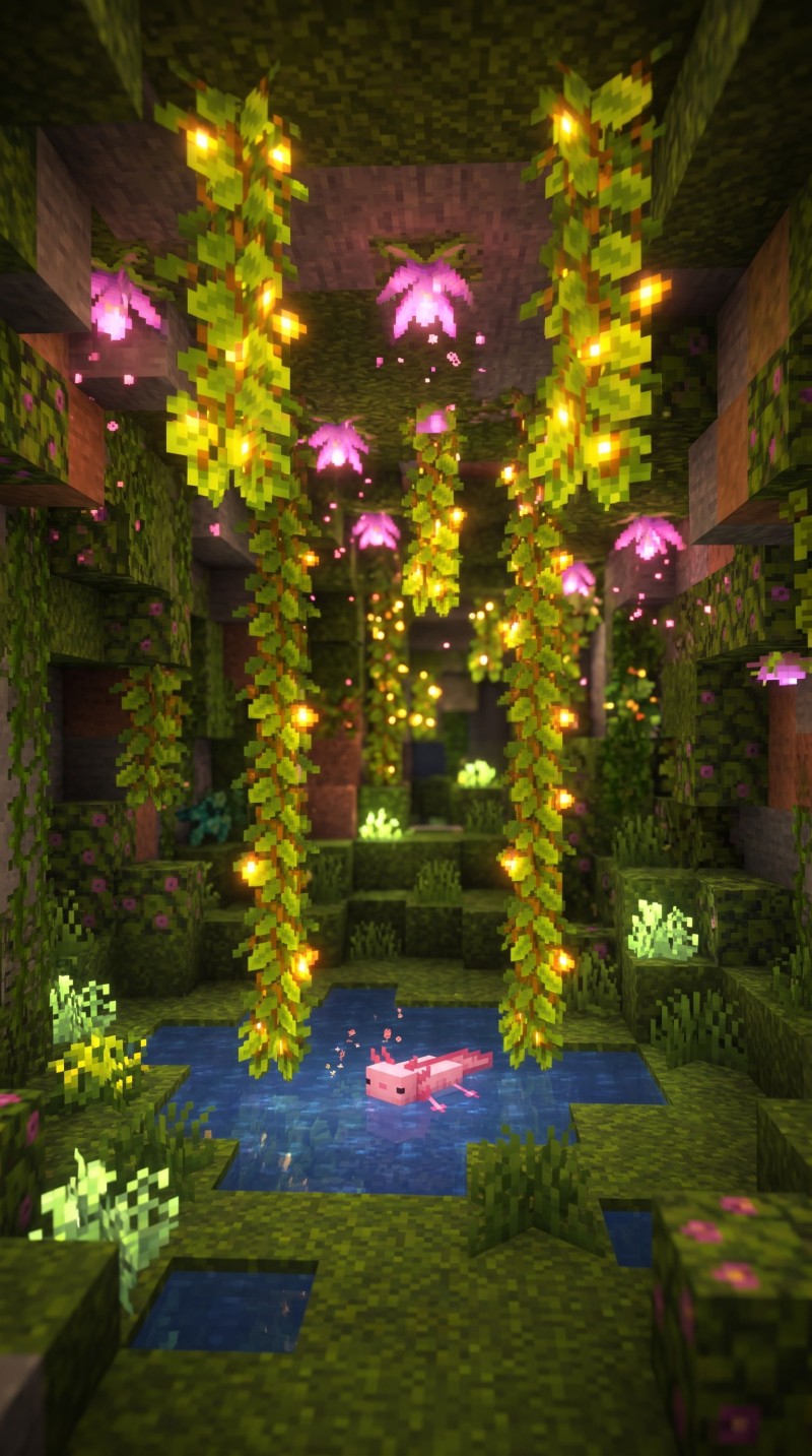 Serene Lush Minecraft Cave Interior with Axolotl Game Wallpaper 4K Mobile Wallpaper
