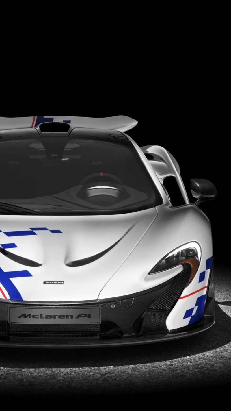 McLaren P1: White with Blue and White Racing Stripes 4K Mobile Wallpaper