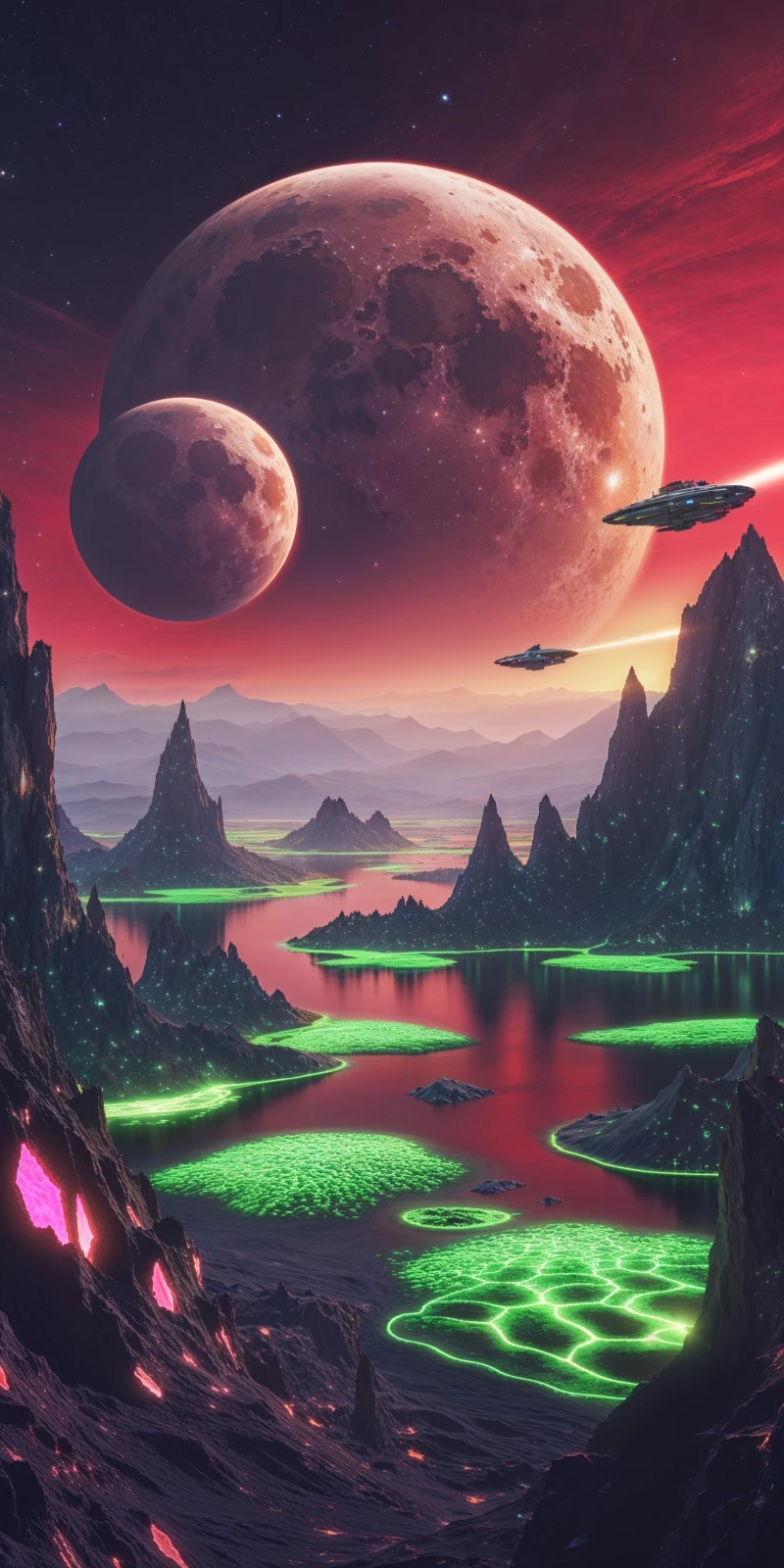 Crimson Skies and Alien Waters 4K Mobile Wallpaper