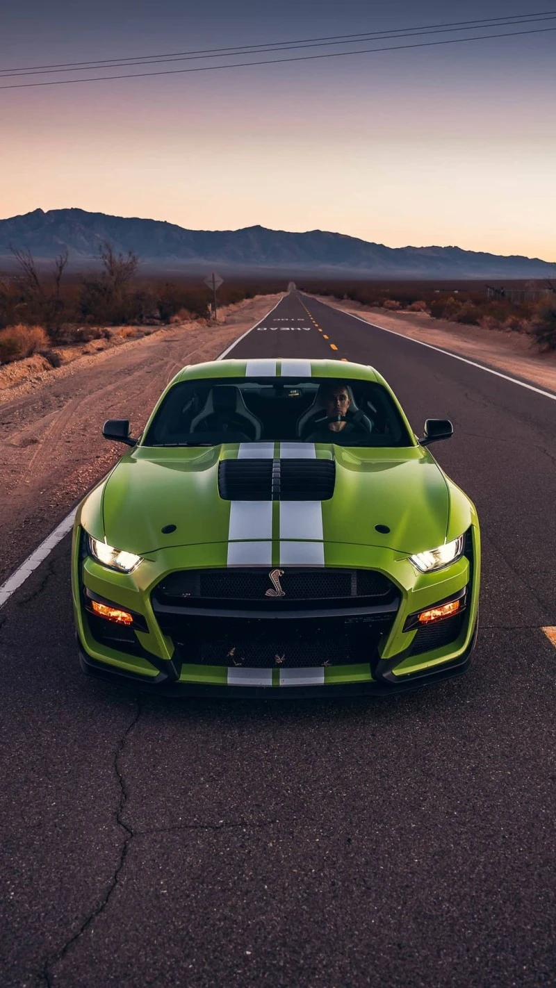 Desert Road Trip in Green Mustang 4K Mobile Wallpaper