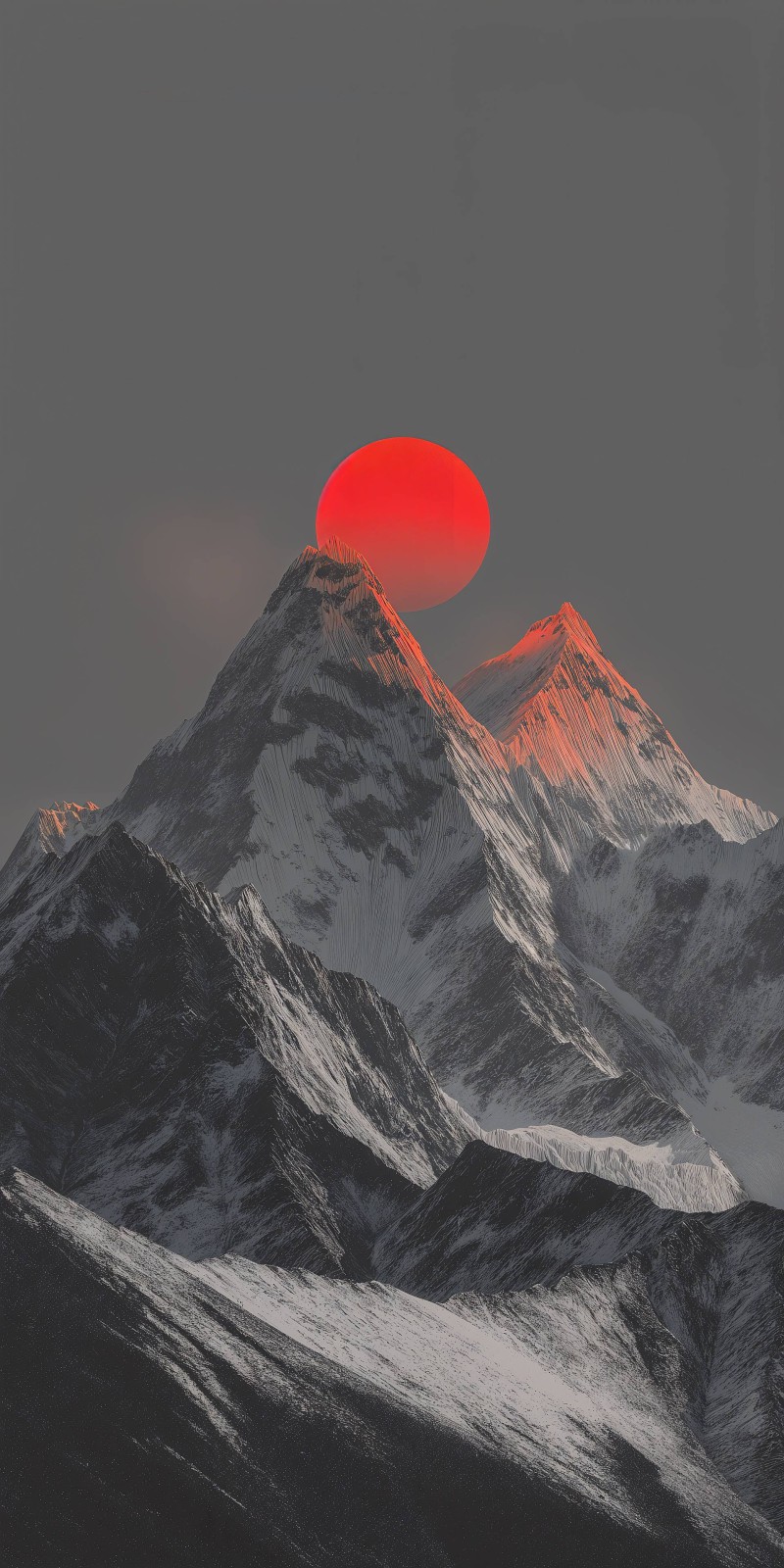 Minimalist Snowy Mountains Red Sun Sunset 4K Abs Wallpaper