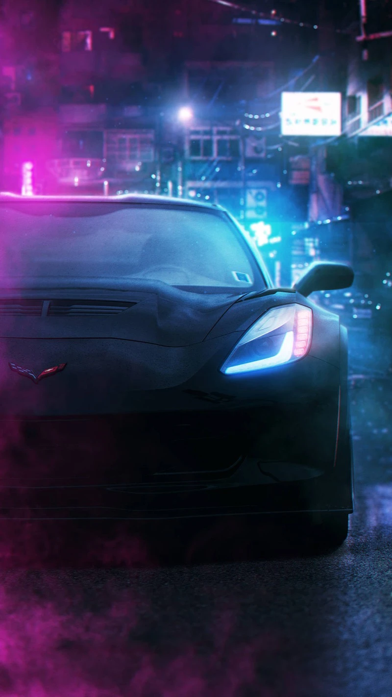 Chevrolet Corvette in Cyberpunk City 4K Mobile Wallpaper