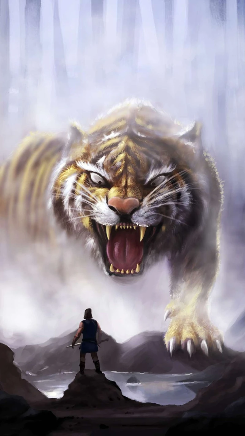 Warrior and the Giant Tiger 4K Mobile Wallpaper