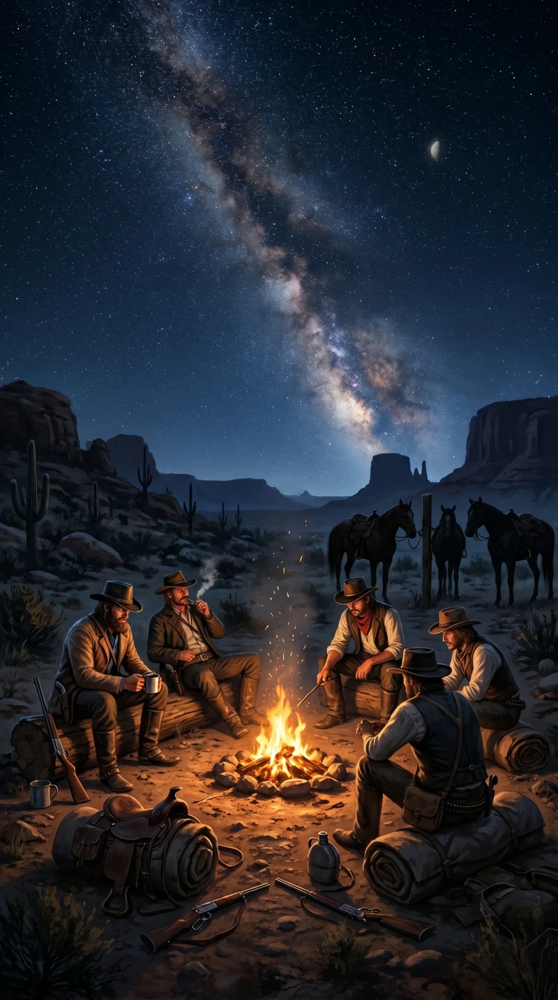 Atmospheric western gaming scene at night 4K Cowboys Wallpaper