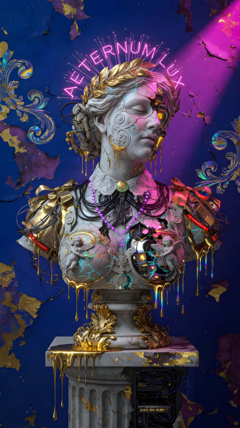 Vibrant Gold Marble Bust with Neon Accents Aesthetic Wallpaper 4K X Wallpaper