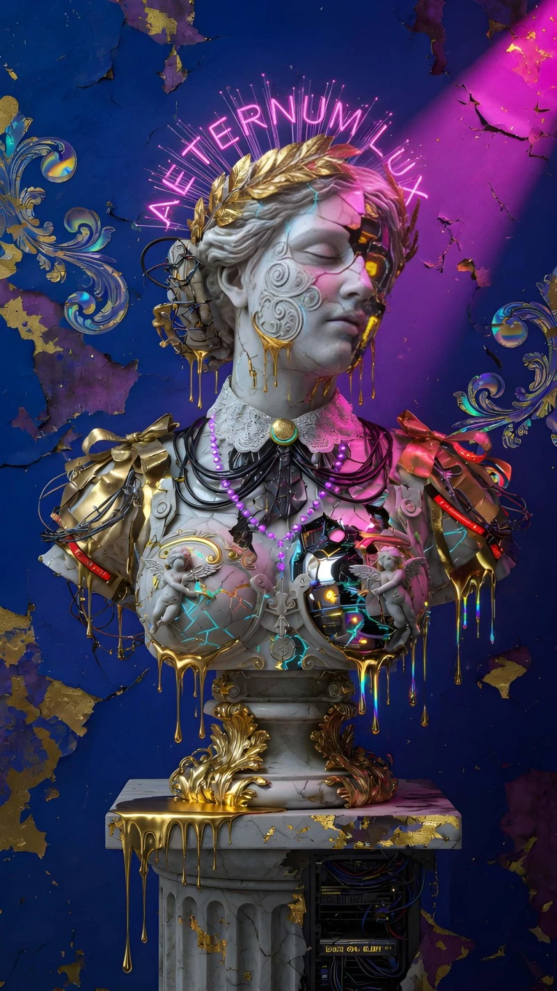 Vibrant Gold Marble Bust with Neon Accents Aesthetic Wallpaper 4K Mobile Wallpaper